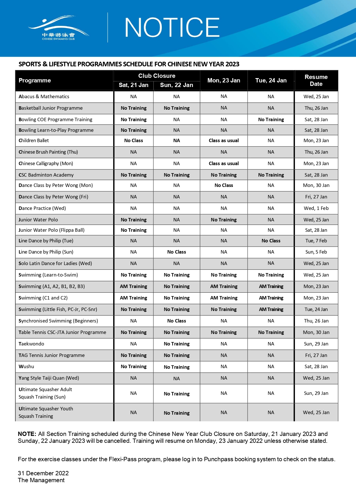 SPORTS & LIFESTYLE PROGRAMMES SCHEDULE FOR CHINESE NEW YEAR 2023