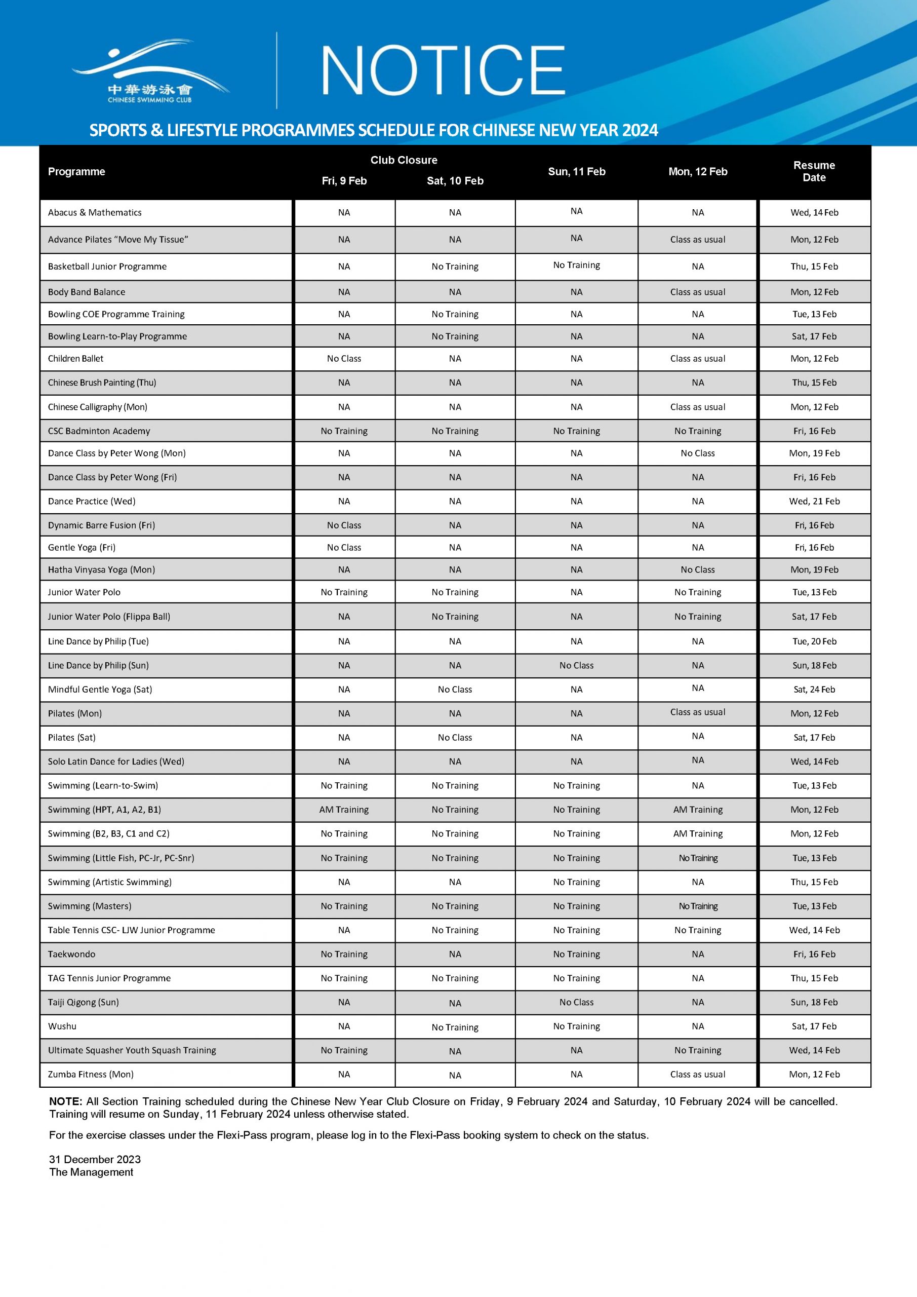 SPORTS & LIFESTYLE PROGRAMMES SCHEDULE FOR CHINESE NEW YEAR 2024